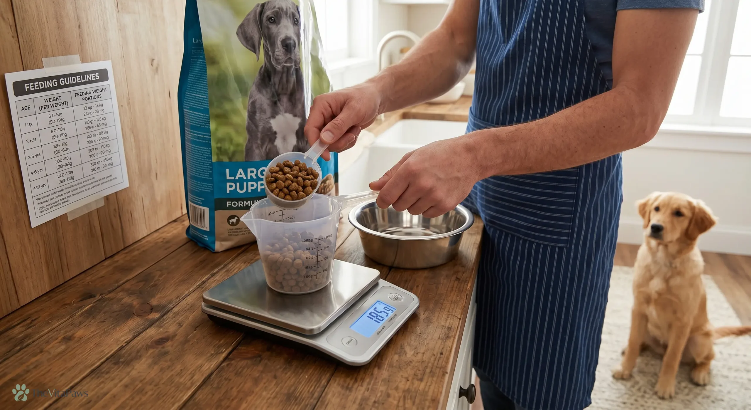 High-quality dry puppy food kibble with joint supplements sitting next to fresh water