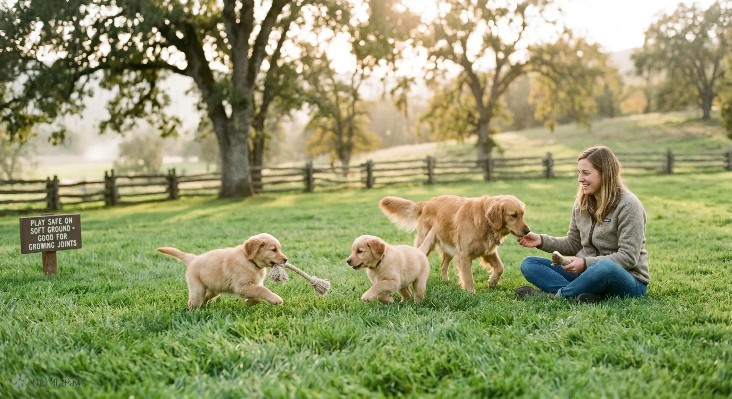 Happy large breed puppy sitting safely outdoors on a lush green grass field