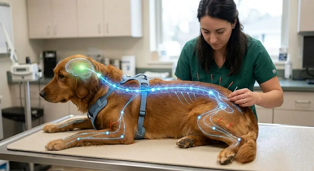 Certified veterinary acupuncturist placing fine needles along a dog's spine during a treatment session