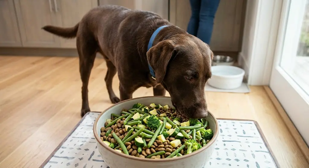 Veterinarian evaluating the body condition score of an overweight dog in a premium clinic setting