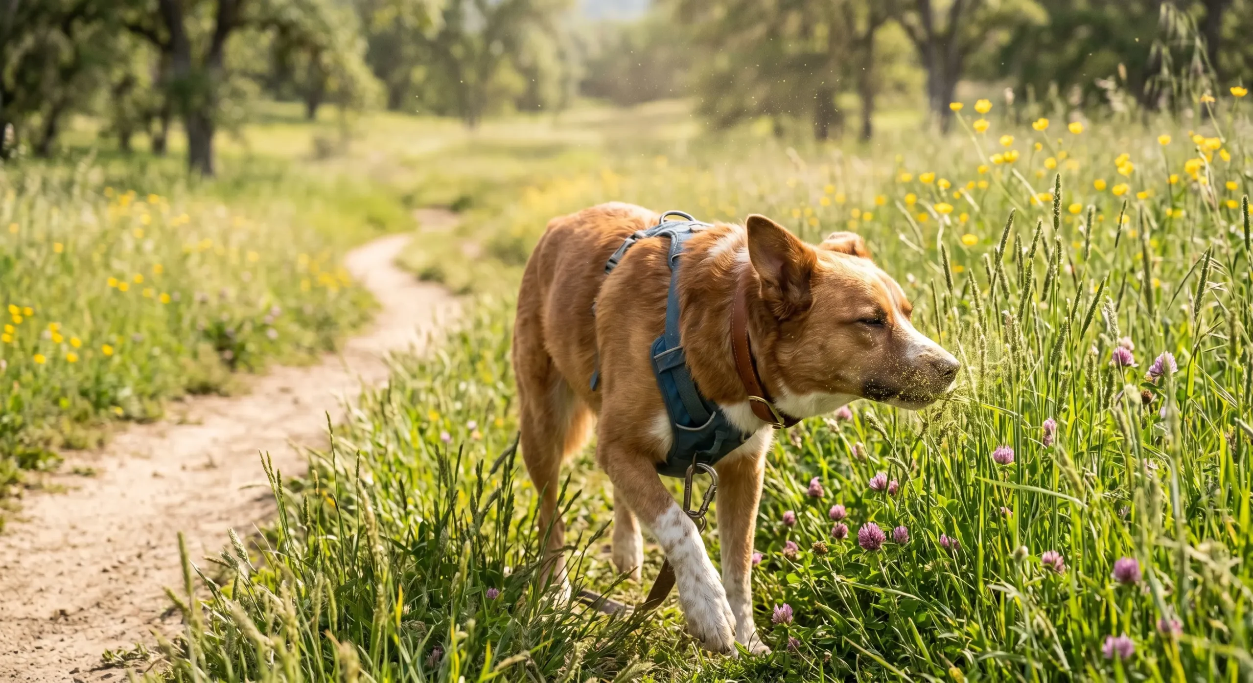 Happy active dog running outside in a beautiful green field representing environmental exposure