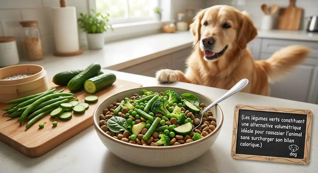 Fresh crisp green vegetables sliced and prepared for volumetric canine dietary enhancement