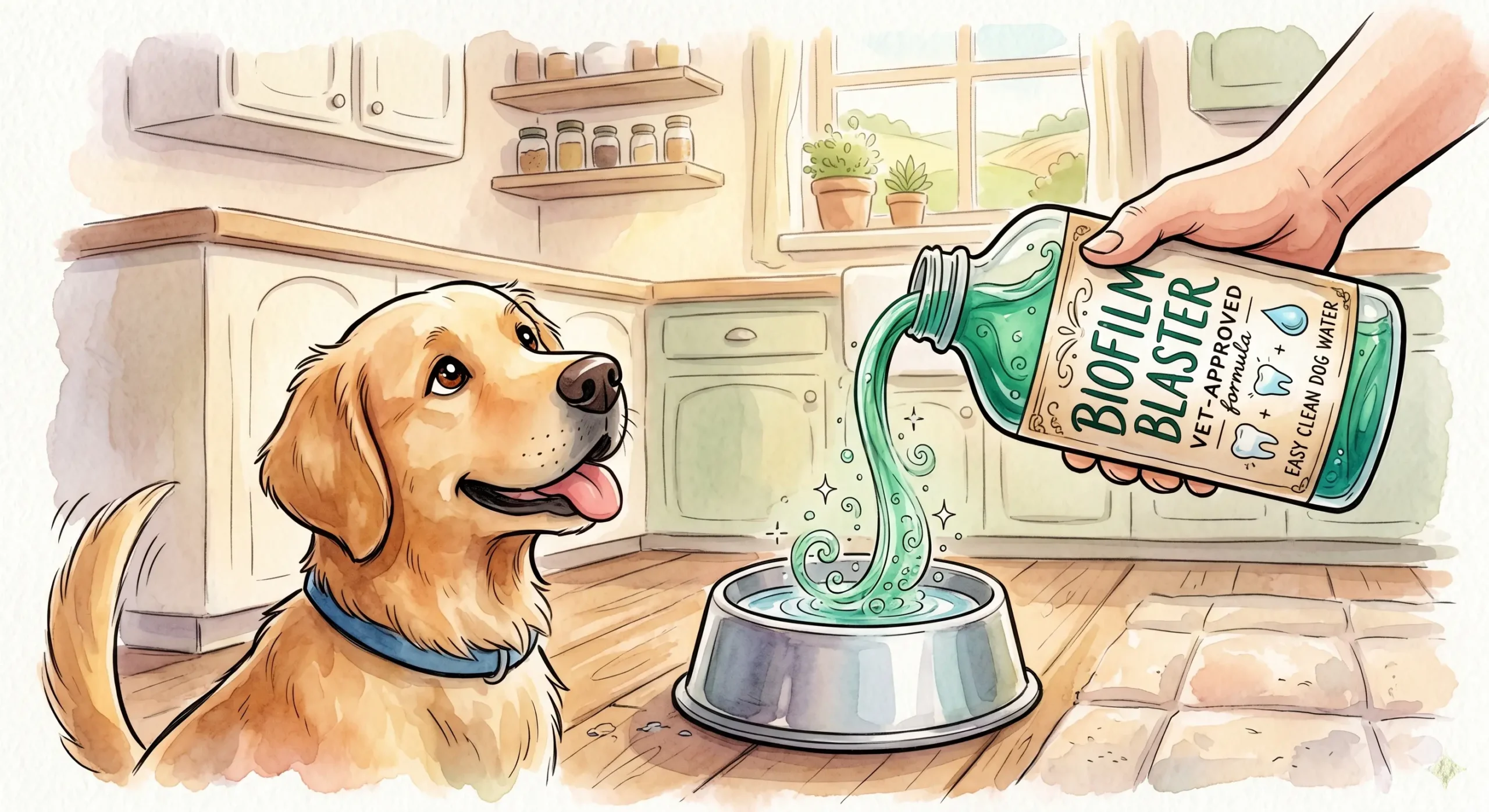 Happy white dog drinking fresh clean water from a bowl indoors representing dental additives