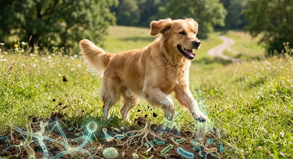 Active, healthy dog running outdoors showing signs of vibrant gut health