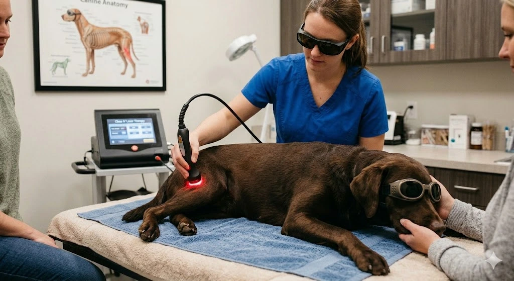 Veterinarian performing laser therapy on a dog's hindquarters in a clinical setting