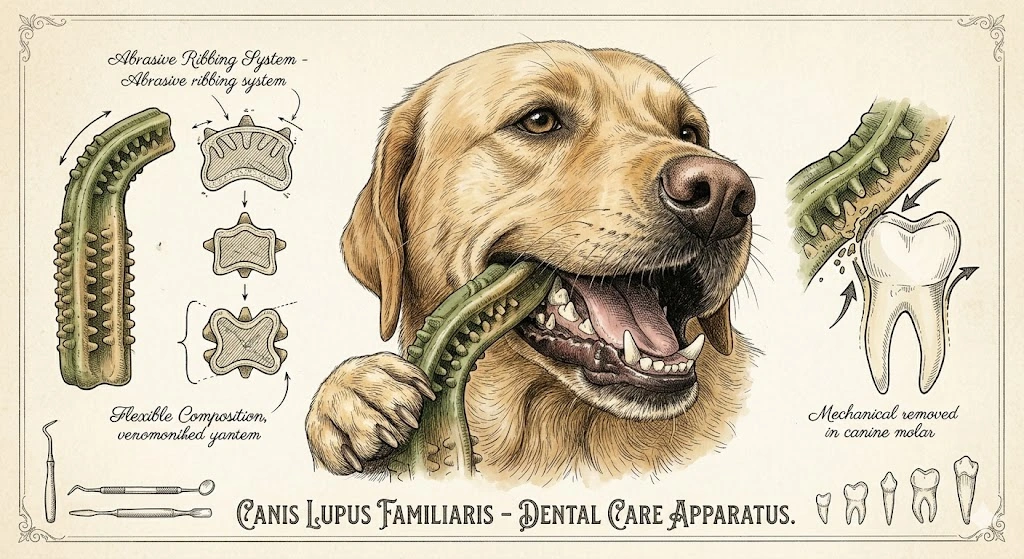 Beautiful dog enjoying a healthy structured dental treat outdoors in a grassy park