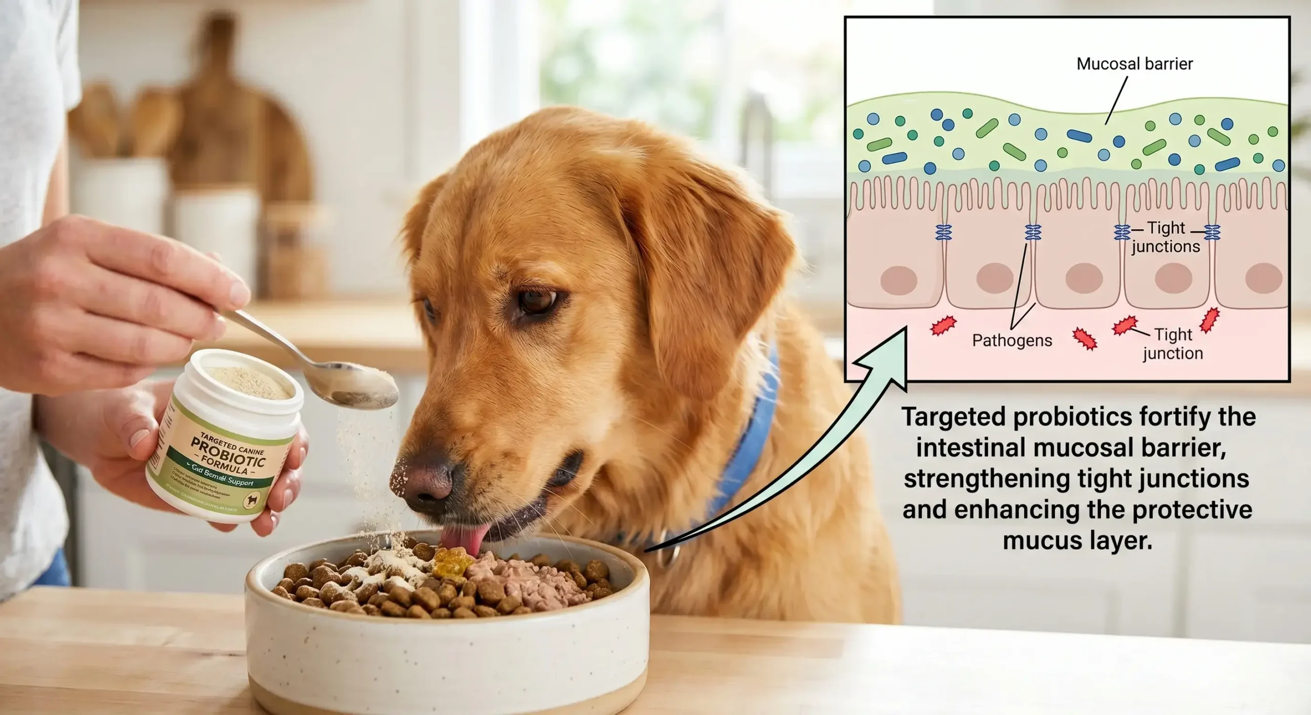 Healthy dog eating probiotic-enriched food from a ceramic bowl